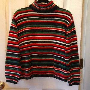 Women's XL Turtleneck Sweater, Red, Green, Metallic Gold, Black & White Stripes